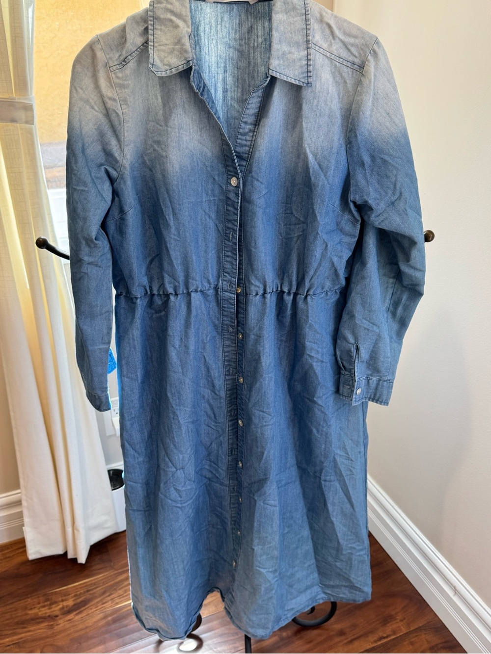 Given Kale Woman Tye Dye Denim Button-Front Long Sleeve Dress - Blue Size Large